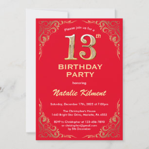 Invitation 13e anniversaire Parties scintillant rouge et or