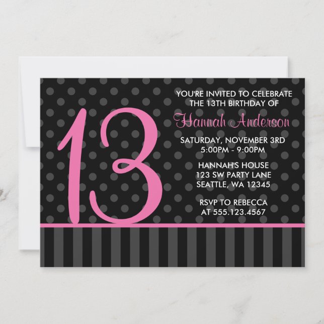 Invitation 13e anniversaire Pink and Black Polka Dot (Devant)