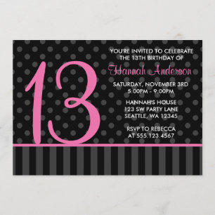 Invitation 13e anniversaire Pink and Black Polka Dot