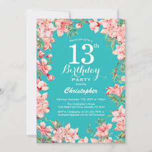 Invitation 13e anniversaire Pink Floral Flowers Turquoise Arr