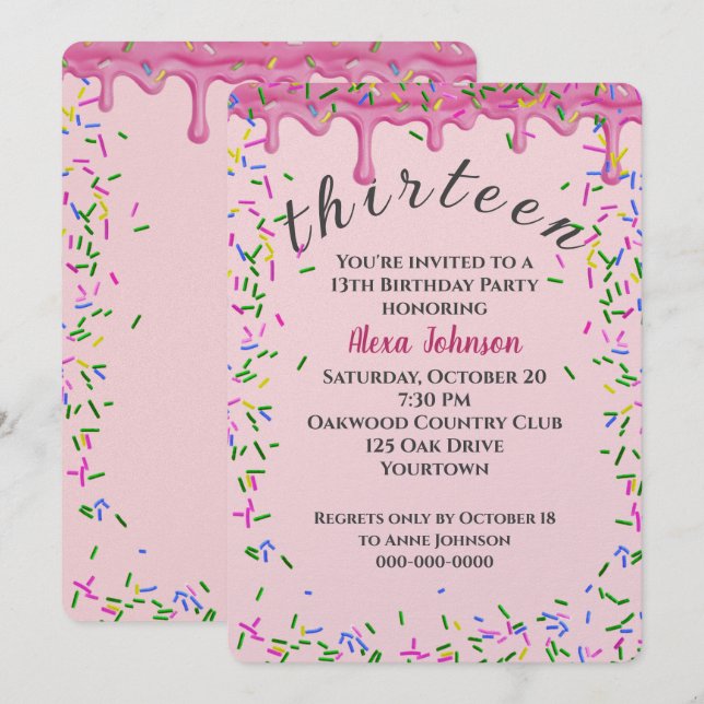 Invitation 13e Anniversaire Pink Icing Et Sprinkles (Devant / Derrière)