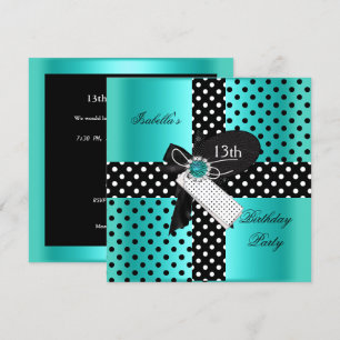 Invitation 13e anniversaire Pois Turquoises Bleu