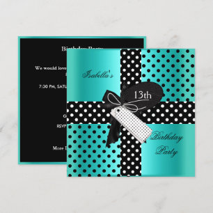 Invitation 13e Anniversaire Polka Dot Bleu Sarcelle Noir Blan