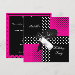 Invitation 13e anniversaire Polka Dot Hot rose noir blanc