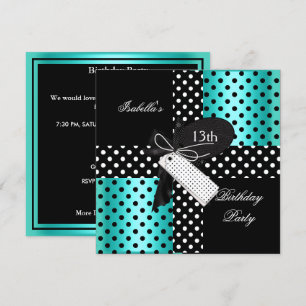 Invitation 13e anniversaire Polka point Turquoise bleu noir b
