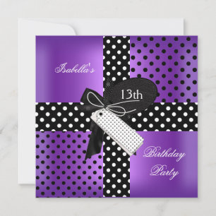 Invitation 13e anniversaire Polka point violet noir blanc noi
