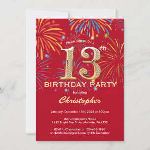 Invitation 13e anniversaire Red and Gold Rainbow Fireworks