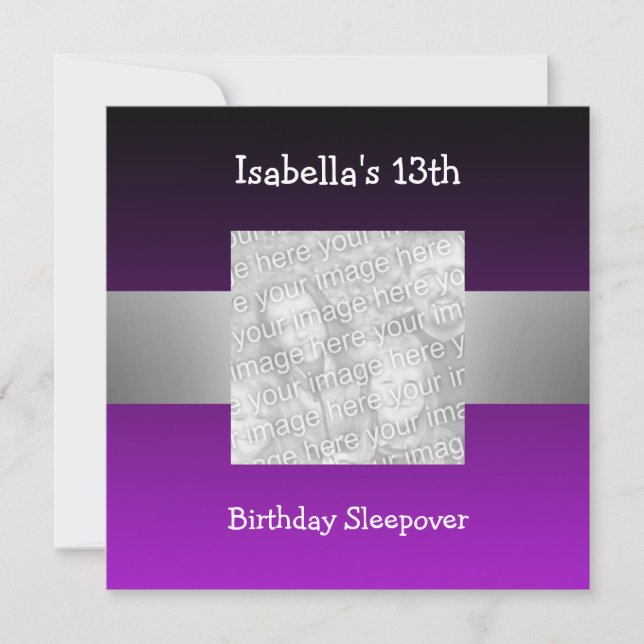Invitation 13e anniversaire Sleepover argent violet photo 2 (Devant)