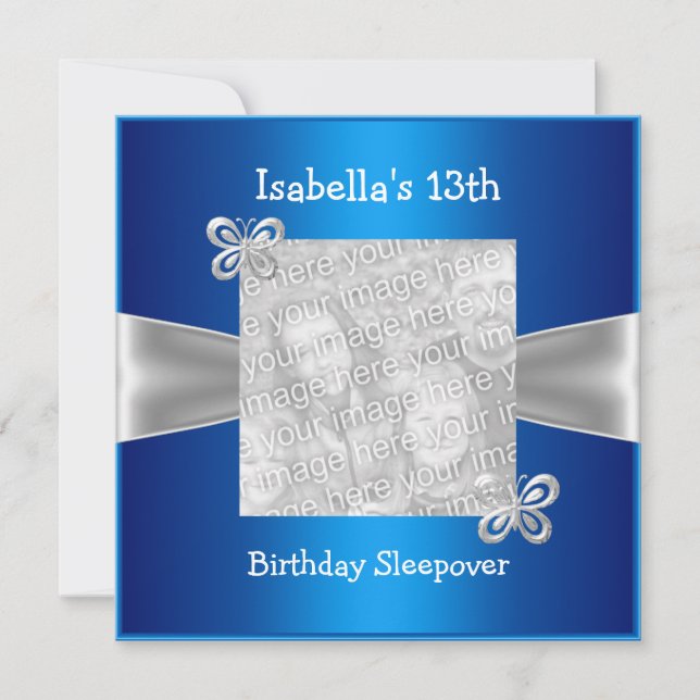 Invitation 13e anniversaire Sleepover Papillon photo bleu (Devant)
