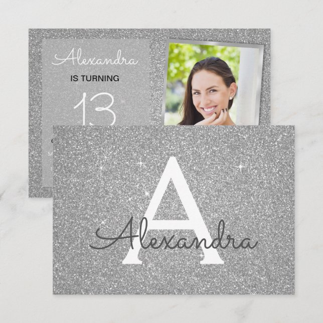 Invitation 13e anniversaire Sparkle luxe Silver Photo (Devant / Derrière)