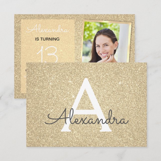 Invitation 13e anniversaire Sparkle Luxury Gold Photo (Devant / Derrière)
