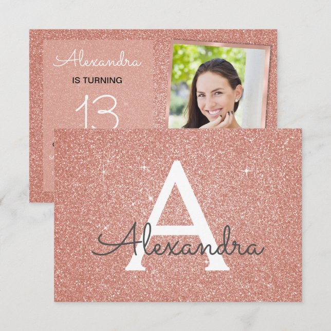 Invitation 13e anniversaire Sparkle Rose Gold Blush Pink Phot (Devant / Derrière)