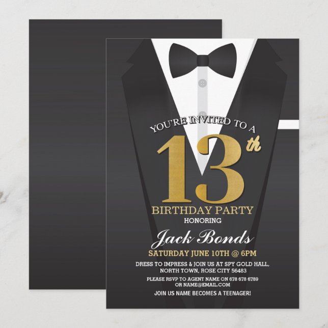 Invitation 13e anniversaire Spy Suit Black cravate Gold Adole (Devant / Derrière)