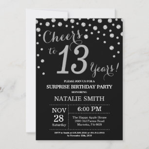 Invitation 13e anniversaire surprise Diamant noir et argent