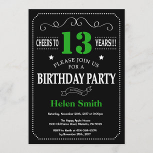 Invitation 13e anniversaire Tableau noir et vert