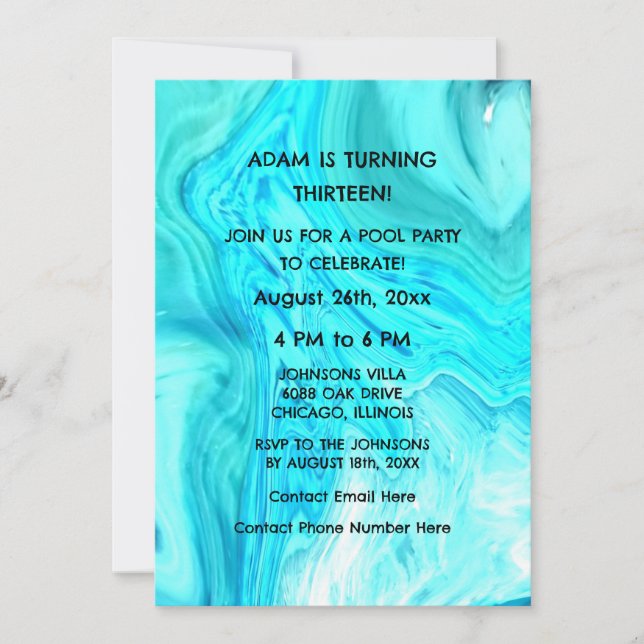 Invitation 13e anniversaire Turquoise Bleu Artsy Abstrait âge (Devant)