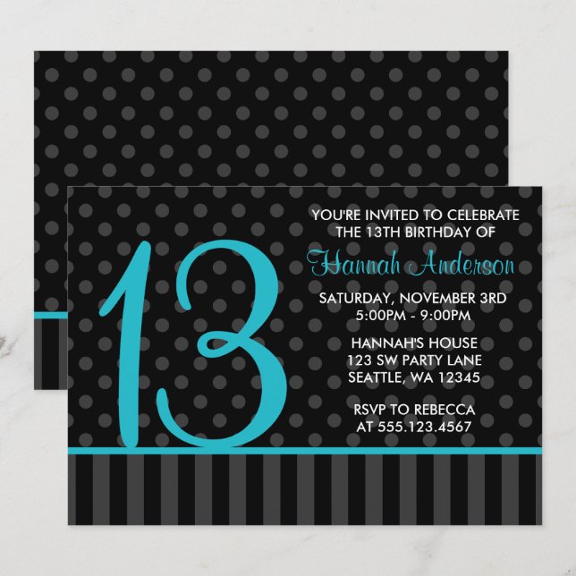 Invitation 13e anniversaire Turquoise bleu noir Polka points  (Devant / Derrière)