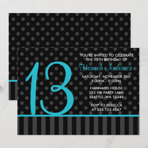 Invitation 13e anniversaire Turquoise bleu noir Polka points 