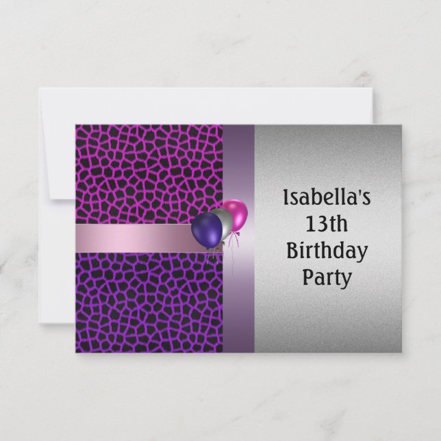 Invitation 13e anniversaire violet rose noir Motif et ballons (Devant)