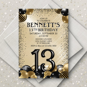 Invitation 13e Ballons Black Gold Anniversaire