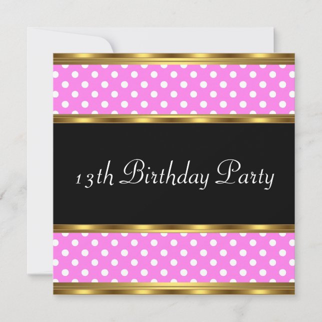 Invitation 13e fête d'anniversaire Gold rose Pois blancs (Devant)