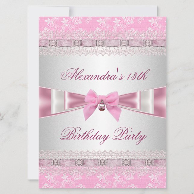 Invitation 13e fête d'anniversaire Rose Blanc Floral Damask (Devant)
