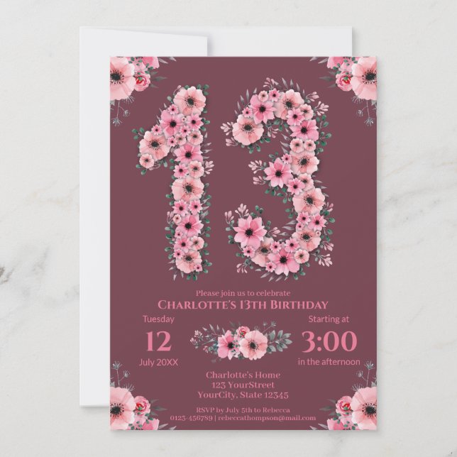 Invitation 13e grand anniversaire fille Fleurs roses Fleurs v (Devant)