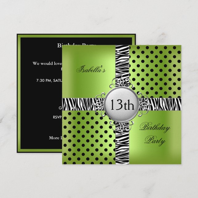 Invitation 13ème Ado fête d'anniversaire Lime Green Black Zeb (Devant / Derrière)
