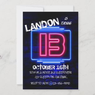 INVITATION 13ÈME ANNIVERSAIRE, FÊTE D'ADO, NEON, FÊTE FLUO