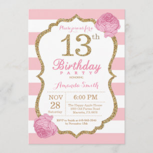 Invitation 13ème Rose et or d'invitation d'anniversaire