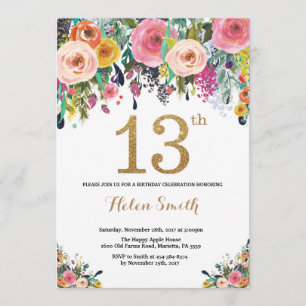 Invitation 13èmes parties scintillantes florales d'or