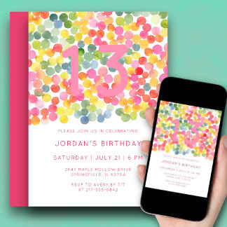 Invitation 13th Birthday Modern Watercolor Bold Cute Pink