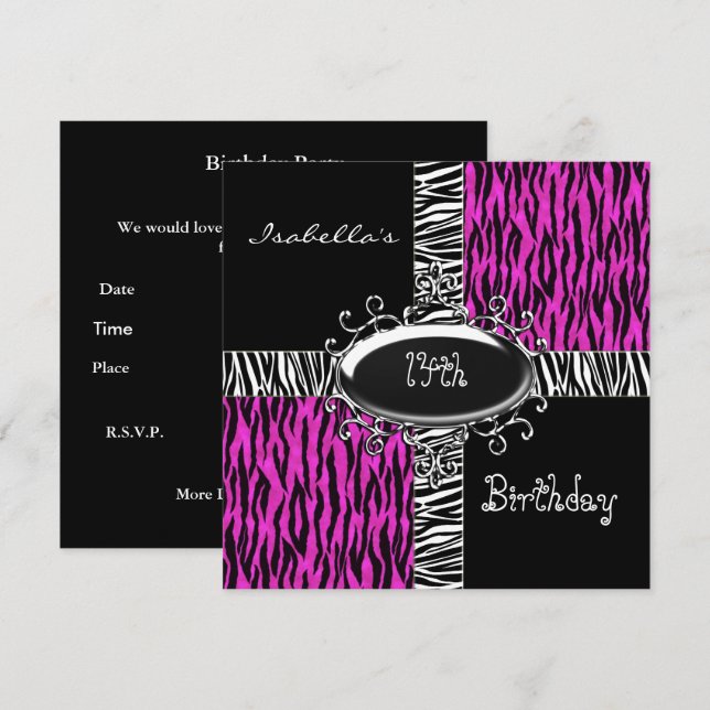 Invitation 14e anniversaire Ado animal rose sauvage noir (Devant / Derrière)