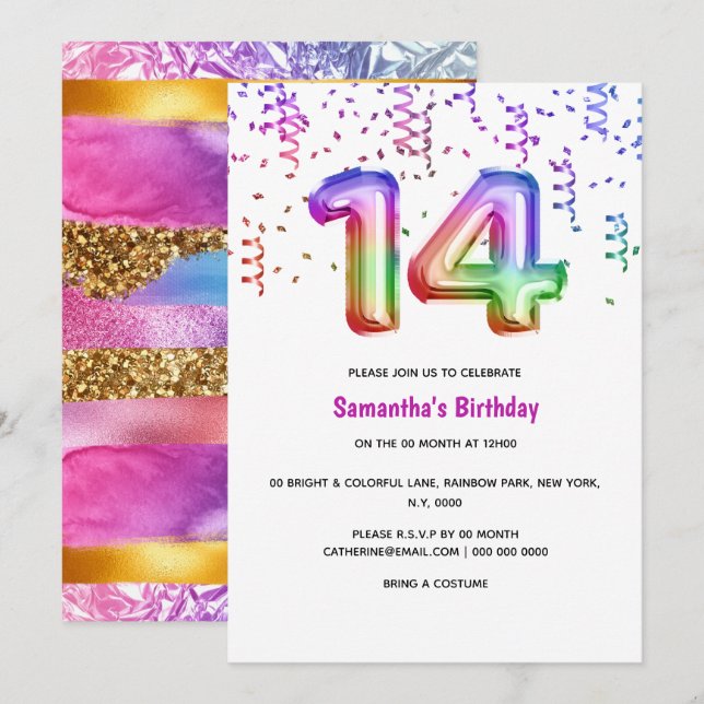 Invitation 14e anniversaire arc-en-ciel parties scintillant c (Devant / Derrière)