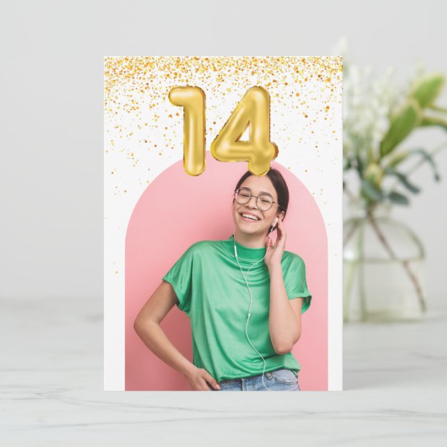 Invitation 14e anniversaire Confetti Photo fête d'anniversair (Debout devant)