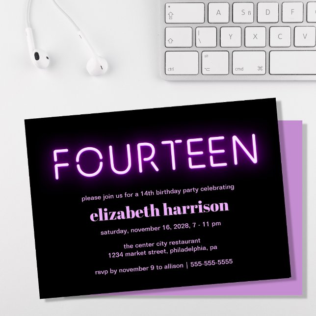 Invitation 14e anniversaire fête Purple Neon Lumières (Créateur téléchargé)