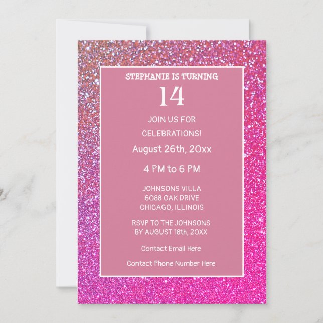 Invitation 14e anniversaire Rose Rose Parties scintillant or  (Devant)