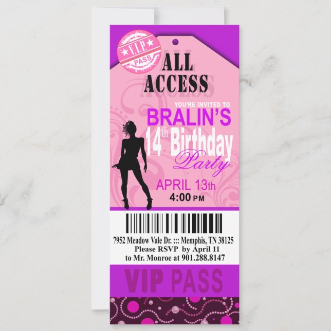 Invitation 14ème partie rose de billet d'anniversaire du (Devant)