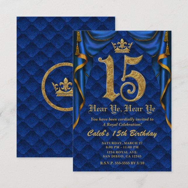 Invitation 15E 15 Anniversaire Royal Blue Gold Crown (Devant / Derrière)