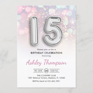 Invitation 15e anniversaire - Ballons d'argent Lumières rose