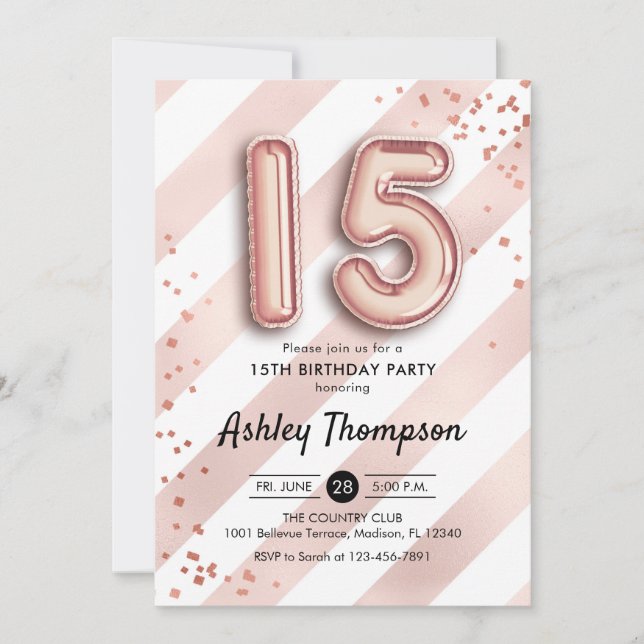 Invitation 15e anniversaire - Ballons Roses en or (Devant)