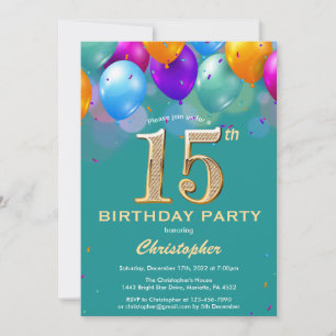 Invitation 15e anniversaire Ballons Turquoises et dorés