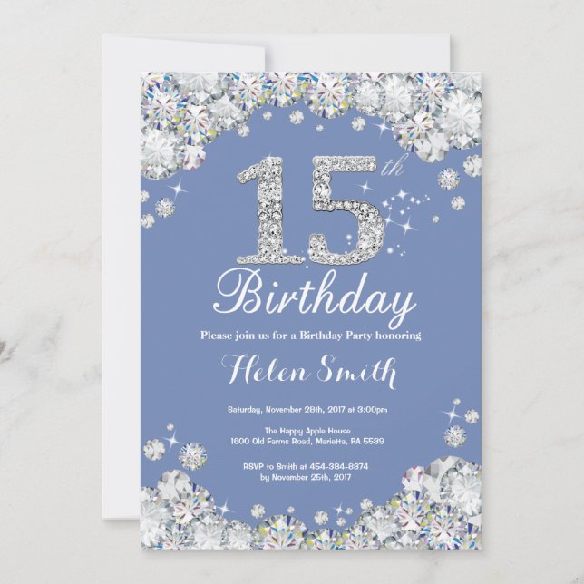 Invitation 15e anniversaire Bleu et Diamant d'argent (Devant)