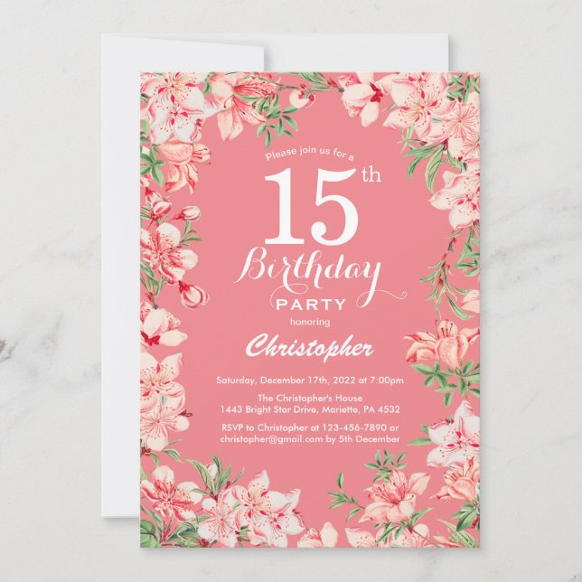 Invitation 15e anniversaire Boho rose fleurs botaniques flora (Devant)