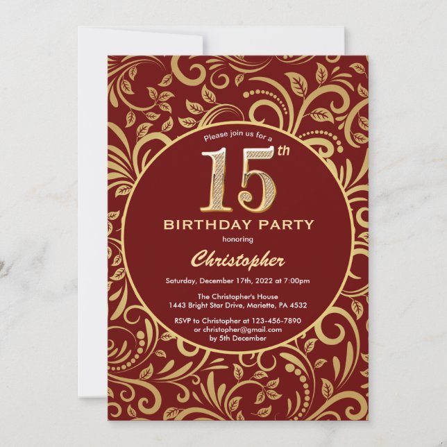 Invitation 15e anniversaire Bourgogne rouge et or modèle flor (Devant)