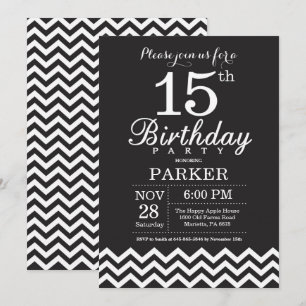 Invitation 15e anniversaire Chevron noir et blanc