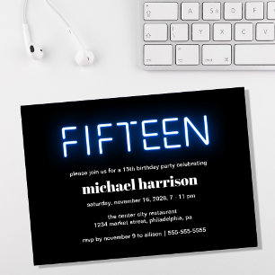 Invitation 15e anniversaire de fête Lumières de néon bleu