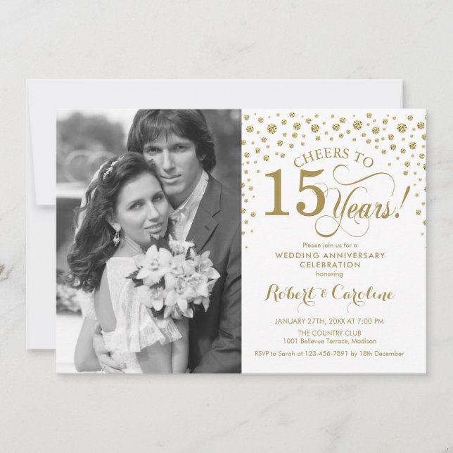 Invitation 15e anniversaire de mariage avec photo - Or Blanc (Devant)