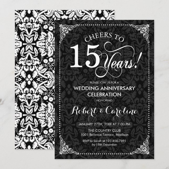 Invitation 15e anniversaire de mariage - Damassé noir et blan (Devant / Derrière)