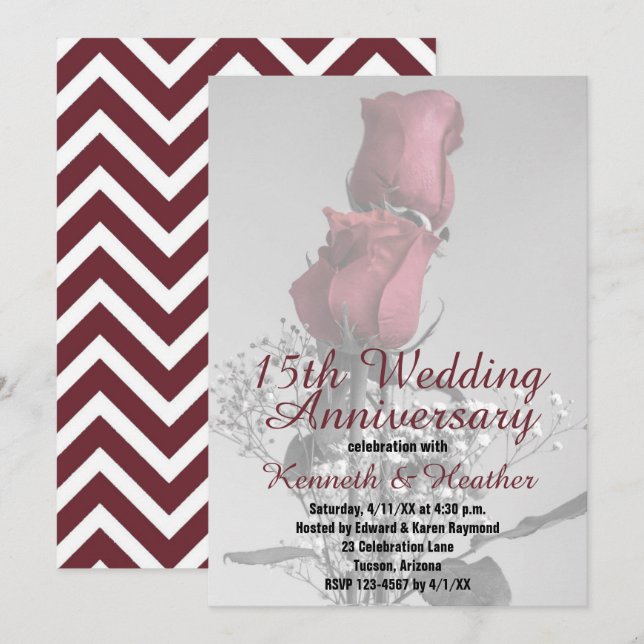 Invitation 15e Anniversaire de Mariage Deux Roses Rouges Phot (Devant / Derrière)